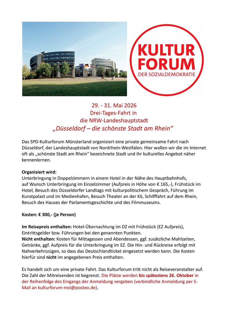 Kulturpolitische Fahrt nach Düsseldorf vom 29.-31. Mai 2026